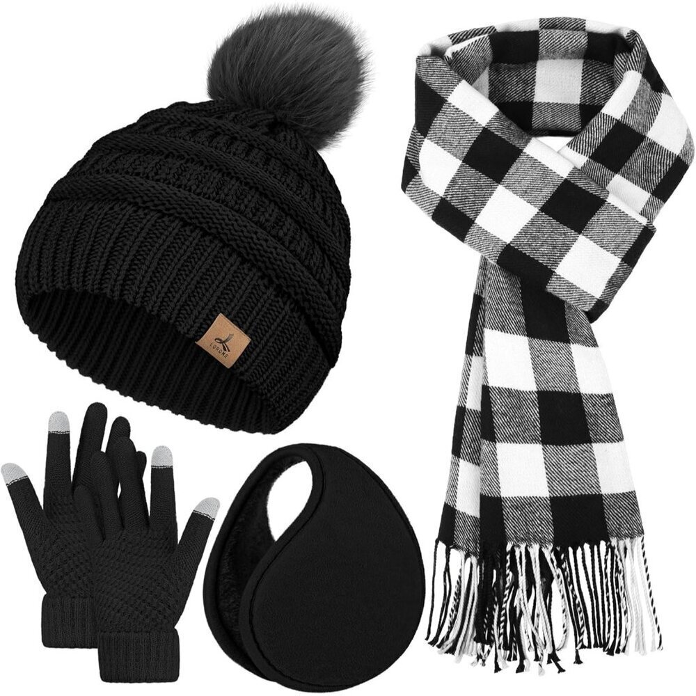 Winter Knit Hat Scarf Gloves Ear Warmer Set Touch Screen Women Gift